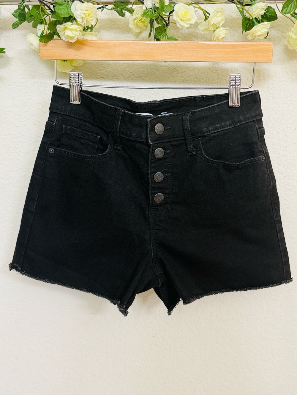 Old Navy • Black High Rise Button Fly Raw Hem Denim Shorts